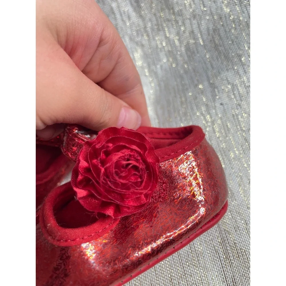 Sparkly Red Glitter Mary Jane Baby Toddler Shoes Flower Detail Size 1